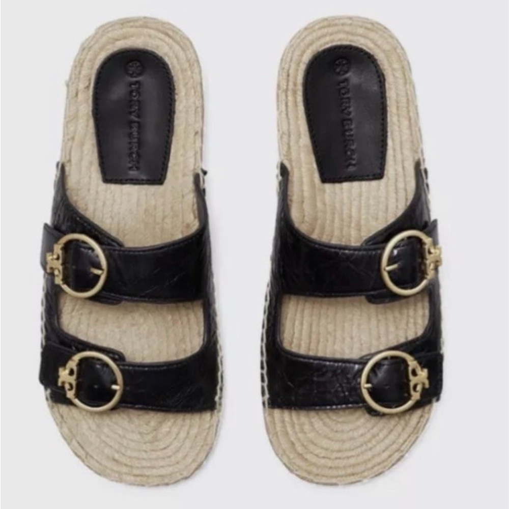 TORY BURCH SELBY ESPADRILLE SLIDE SANDAL BLACK LEATHER GOLD LOGO SZ 7.5